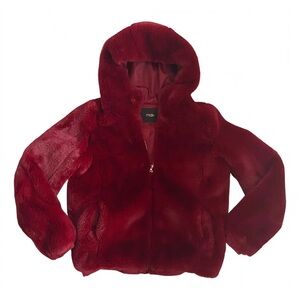 Maje Red Hooded Faux Fur Jacket